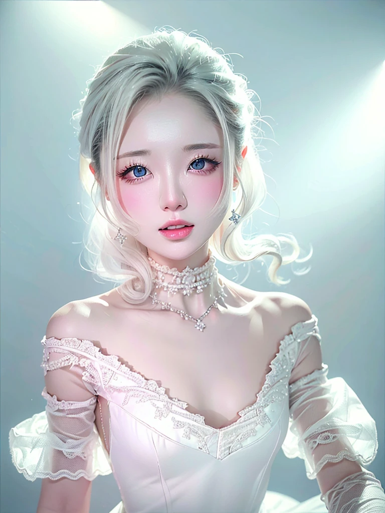 White Background、Professional Lighting、(((Professional Lighting 1.5)))、Translucent skin texture、Clear Skin、Beautiful Skin、、Off the shoulder、White Dress、See-through、Ecstasy of Musical Notes、Sex appeal 1.3