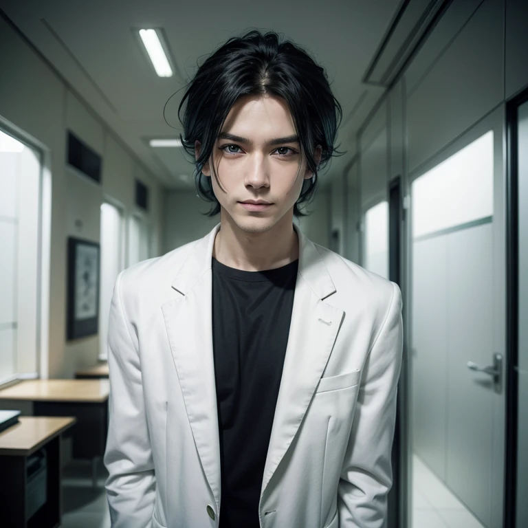 work of art, best qualityer, ((1 men)),hair blue,greeneyes,serious expression, smiling,waist up,line art,medium hair,White blazer,black tee,expressionless eyes,((Style Tite Kubo))