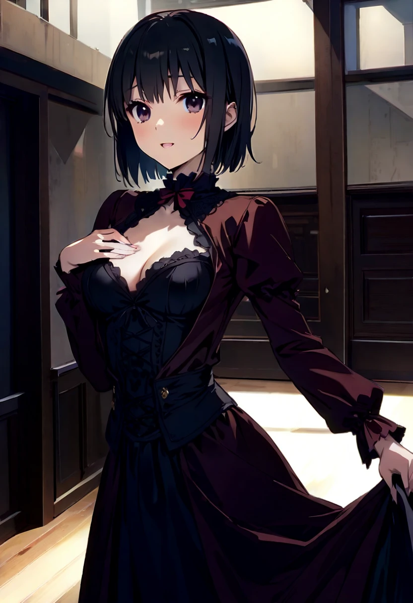 Masterpiece, of the highest quality, illustration from the novel., high resolution, young woman, beautiful body, slim, semi developed chest, dressed in victorian dress, Red and black colored dress, dress that covers the entire chest, black hair, wide, straight, brown and black eyes, friendly and cute face ((Upper part of the body:1.3))