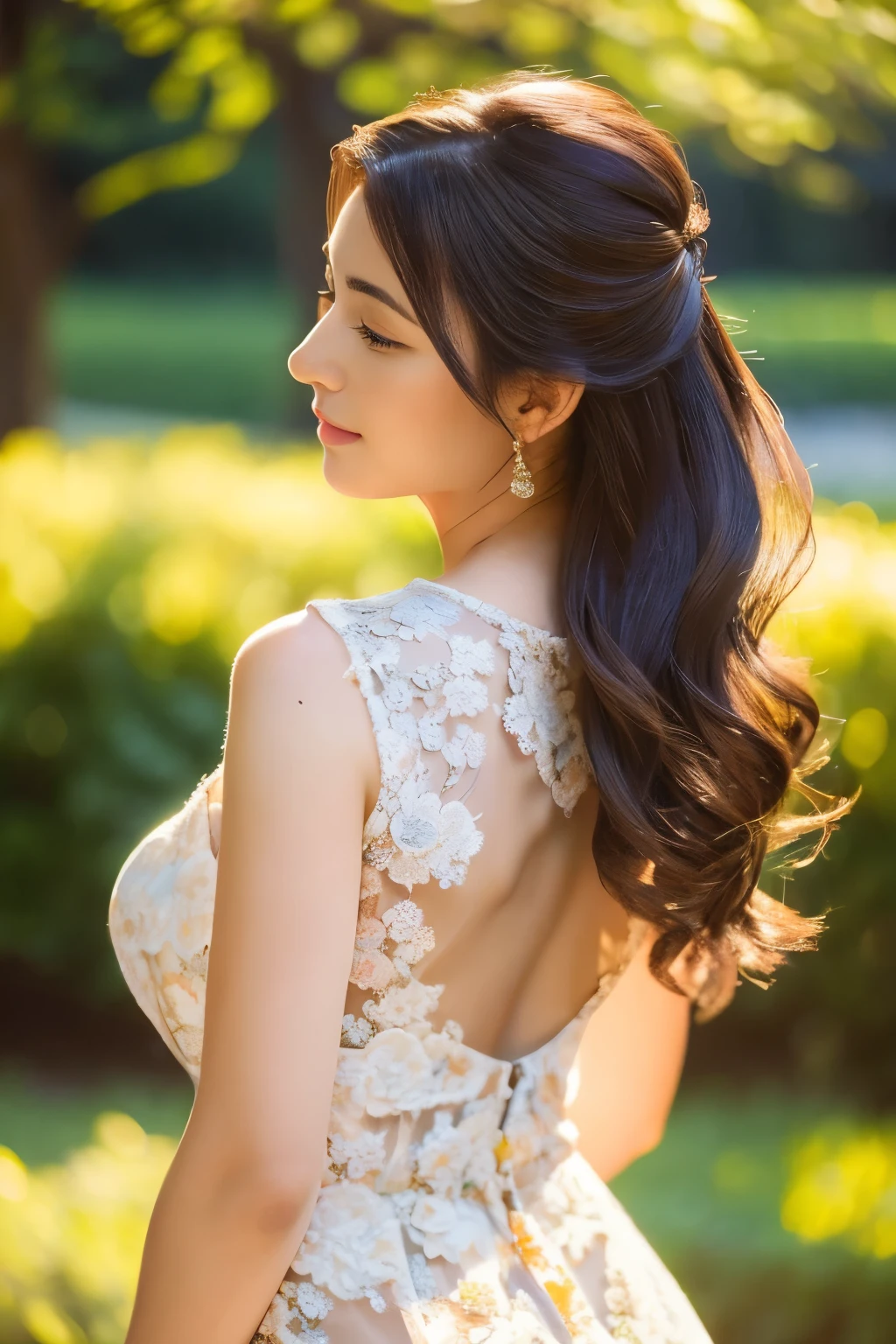 Beautiful woman looking at profile, Back and buttocks,Classical painting,Delicate brushwork,Gorgeous tight lace dress,Detailed hairstyle,Gentle sunlight,Soft Shadows,Golden tones