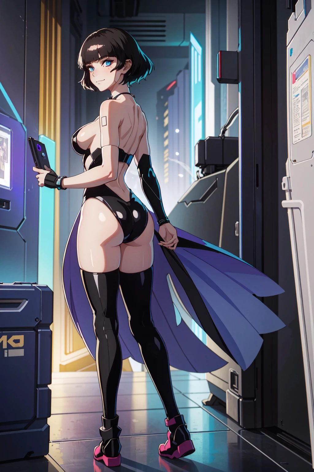 ((masterpiece, best quality))
EdgerunnersSasha, 1girl, black hair, short hair, blue eyes, cyberpunk, smile, fantasy, intricate, elegant, highly detailed, digital painting, artstation, concept art, smooth, 8k, sharp focus, illustration, art by artgerm and greg rutkowski and alphonse mucha, dinamic poses, upper body, backwards, looking back