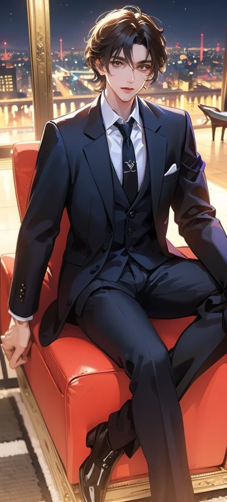 (absurd, high resolution, Extremely detailed, Practical, ), 1 male, Solitary, aldult, Mature, Tall muscular man, ,Sitting on the sofa,Cross-legged, Broad shoulders, Handsome, Very short hair, Black Hair, Brown eyes, Angle jaw, Thick neck, Thick eyebrows, night, dark, the night view of the city background, Formal suit, tie, Upper Body