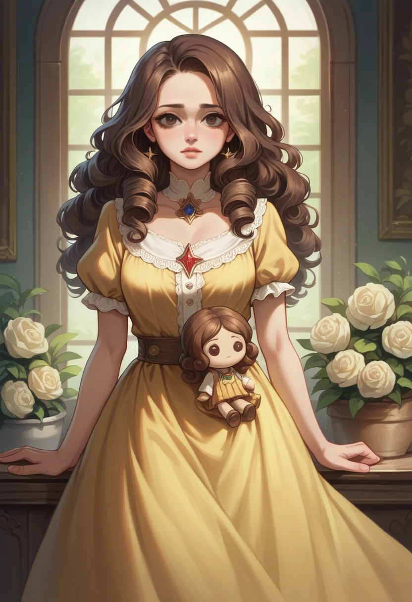 ((best quality)), ((masterpiece)), (detailed), 1woman, yellow doll dress, brown curly hair, brown eyes.