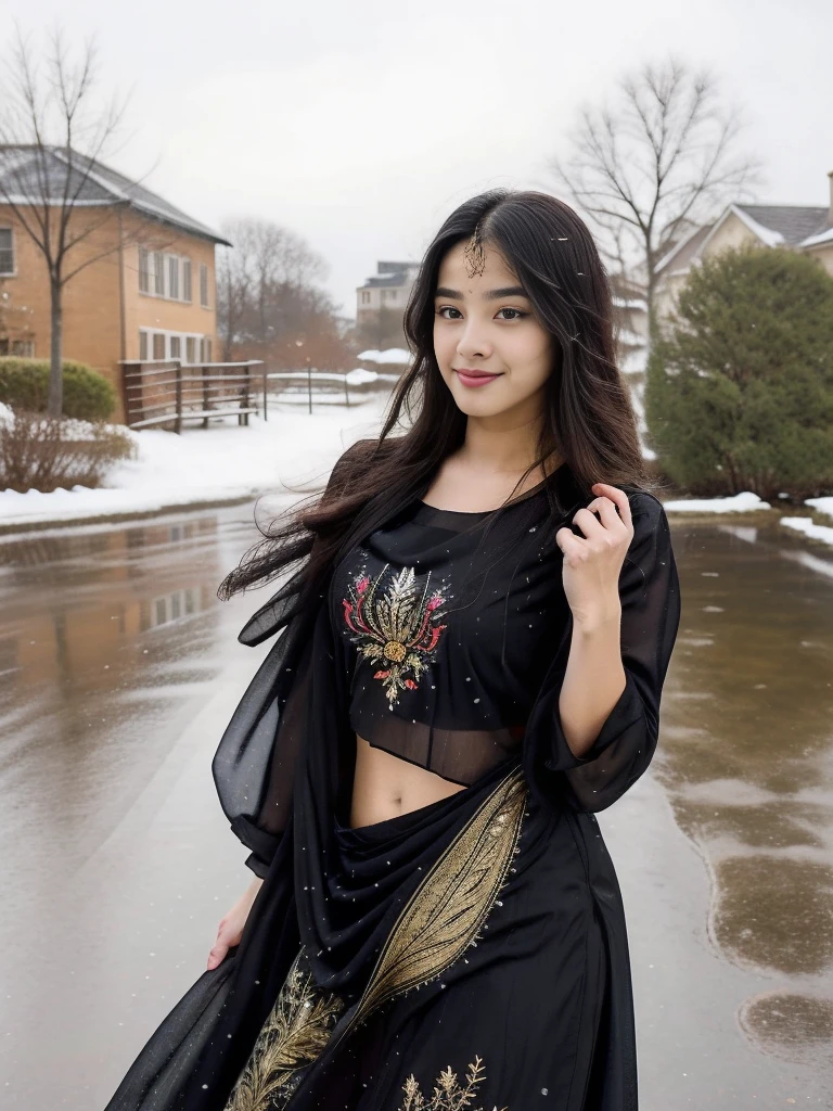 A young, attractive 18-year-old Instagram model is dancing gracefully in a picturesque winter setting. She has long, flowing black hair with vibrant, colorful streaks that catch the light and add a playful touch to her look. She's wearing a beautifully embroidered salwar kameez in rich, warm colors that stand out against the snowy background. Her movements are fluid and joyful, capturing the essence of youthful energy and joy. The scene is set in a charming rain with umbrella landscape with s falling snowflakes, adding a magical atmosphere to the image.