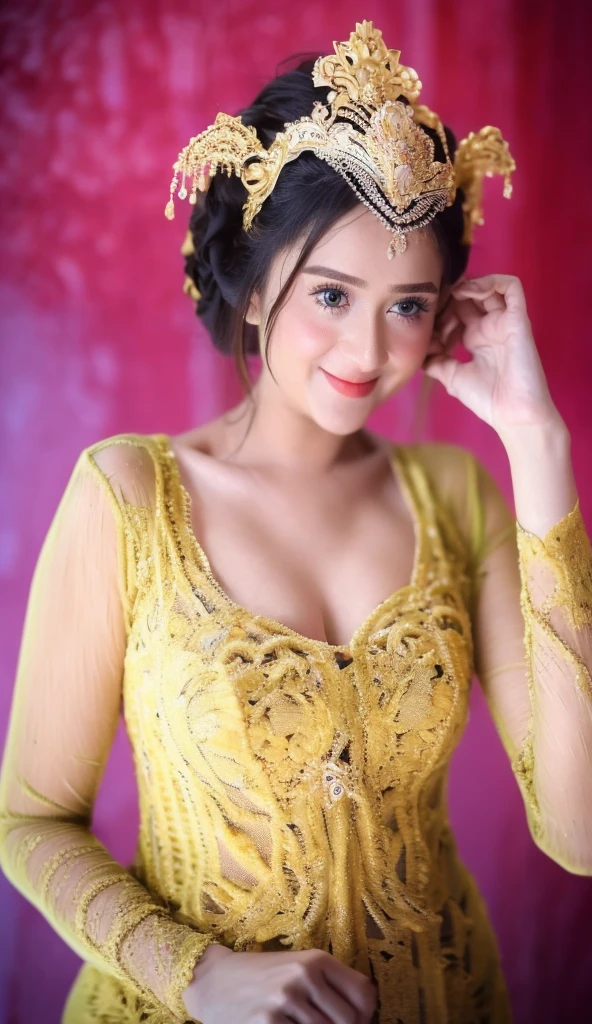 1 Girl, Beautiful, Russian Baby Face, 20 Years Old, White Skin, Colossal Breast, ((muscles:1.3)), Illustrate a beautiful girl close up dressed in kebaya, set against the backdrop of a Balinese temple. Ensure that the image is photorealistic and of top-quality 8K HDR, capturing every intricate detail of the scene.,kebaya,kebaya indonesia,p3rfect ,cleavage