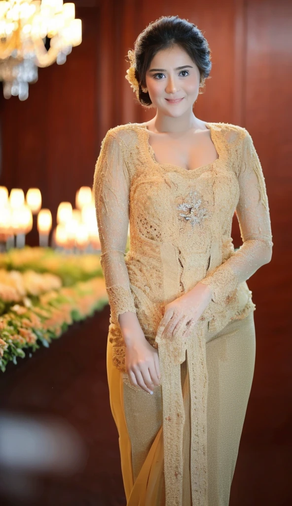 1 Girl, Beautiful, Russian Baby Face, 20 Years Old, White Skin, Colossal Breast, ((muscles:1.3)), Illustrate a beautiful girl close up dressed in kebaya, set against the backdrop of a Balinese temple. Ensure that the image is photorealistic and of top-quality 8K HDR, capturing every intricate detail of the scene.,kebaya,kebaya indonesia,p3rfect ,cleavage