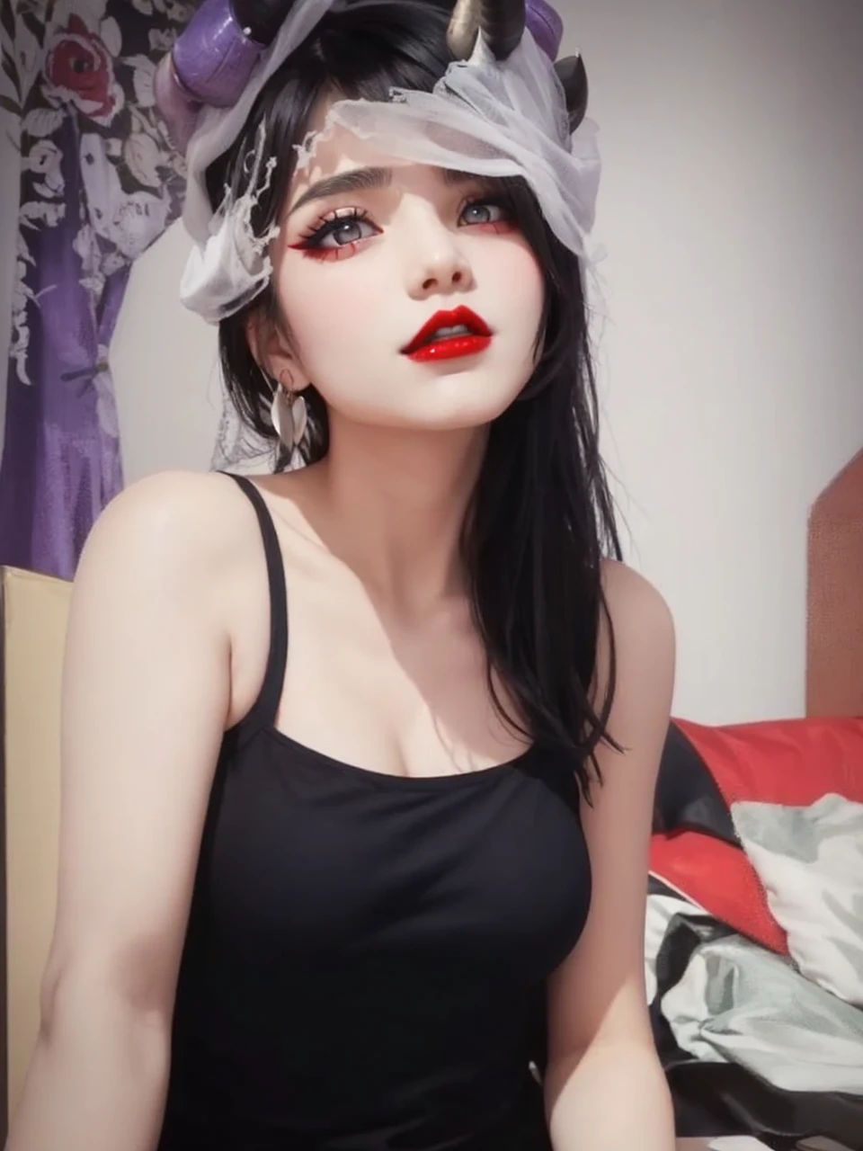 A girl wearing black tanktop, devil horn on her head, red pupil, red lips, black hair with partially white, bigger breast