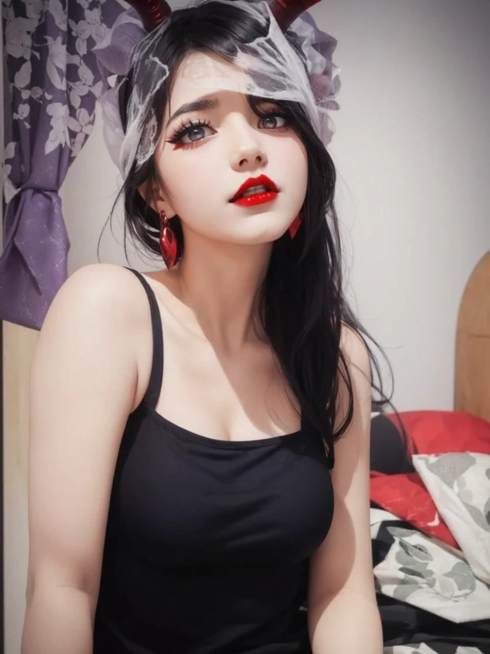 A girl wearing black tanktop, devil horn on her head, red pupil, red lips, black hair with partially white, bigger breast