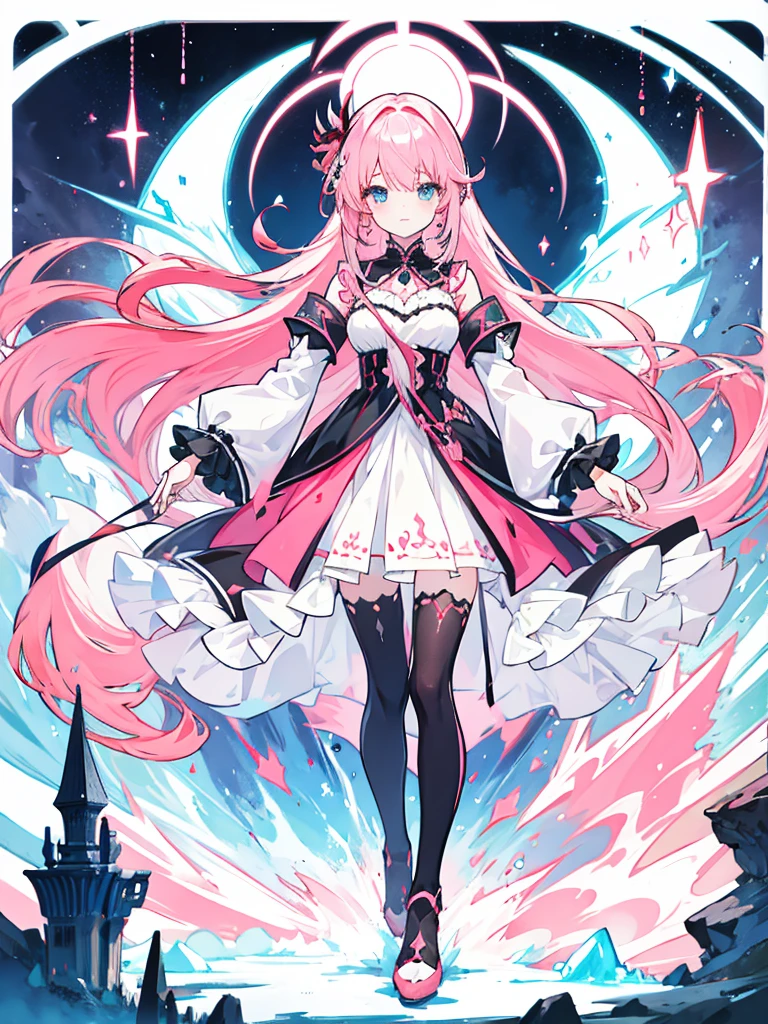 fantasy world girl with colorful hair, accessories, detailed clothes, black tights, white and red clothes, pink hair, blue eyes