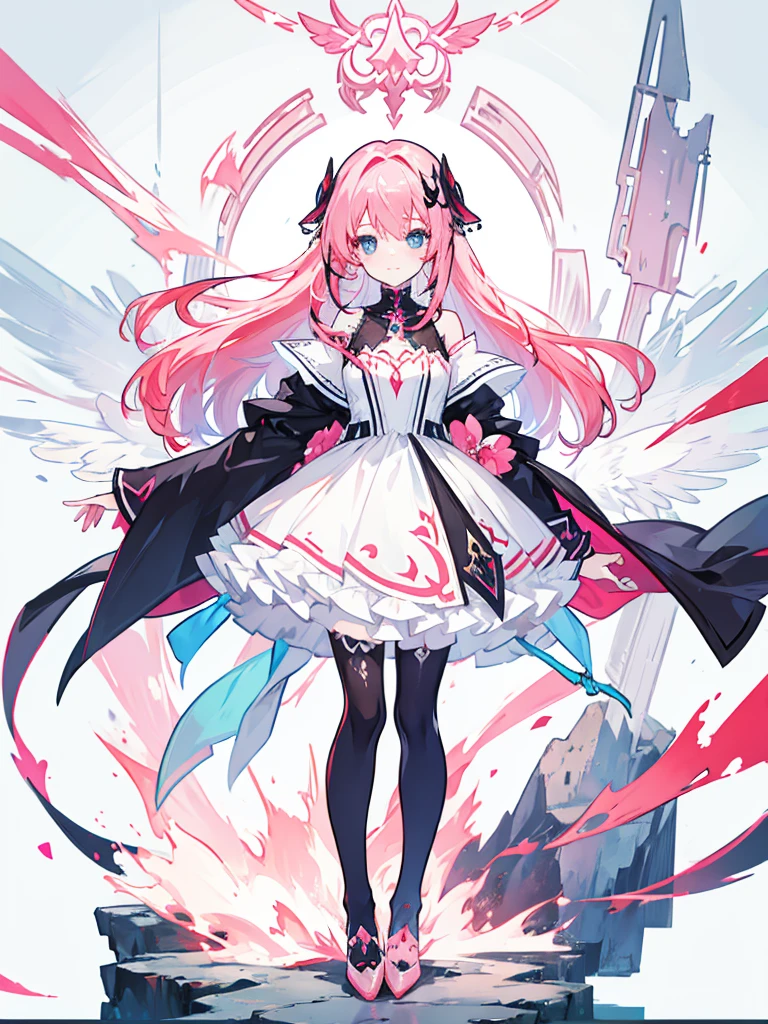 fantasy world girl with colorful hair, accessories, detailed clothes, black tights, white and red clothes, pink hair, blue eyes