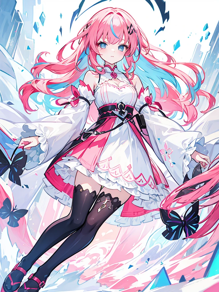 fantasy world girl with colorful hair, accessories, detailed clothes, black tights, white and red clothes, pink hair, blue eyes