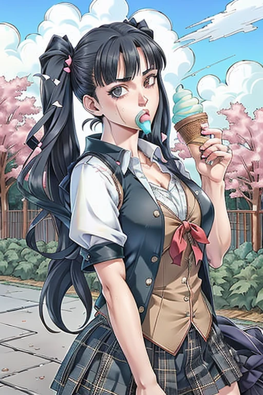 ((best qualityer), (hyperrealisti), mh-yk, Occupation: college student. Appearance: A slender young woman with long black hair styled in twintails. she has fair skin, striking features and intense dark eyes that convey intelligence and focus. Her outfit consists of a white blouse, black vest e plaid hip skirt, highlighting university uniform Clothing: white blouse, black vest, plaid hip skirt (schoolar uniform) funny scene, eating ice cream cone in the park and spills it on his shirt, confused expression.