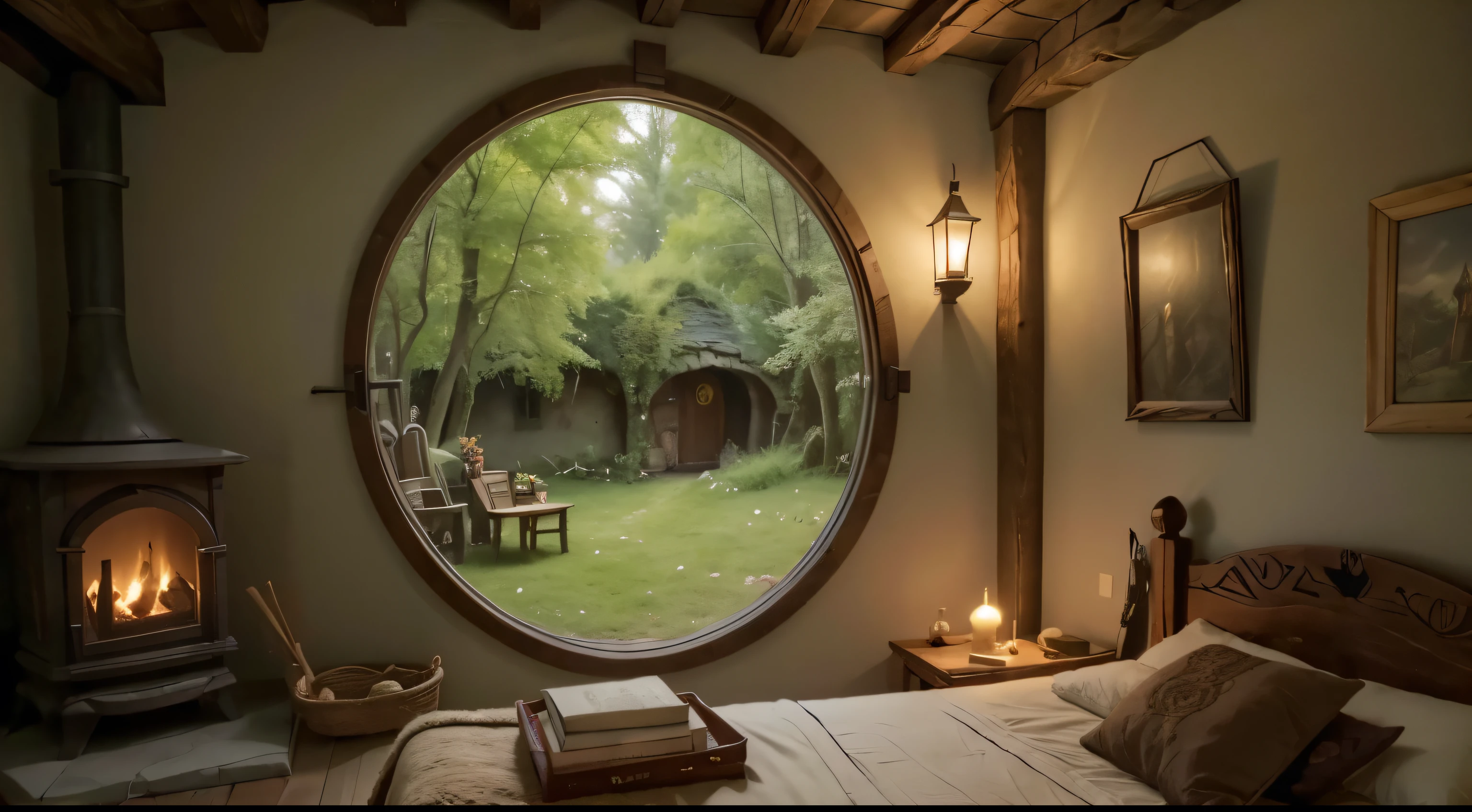a cozy magic hobbit enivroment, a floor bed, hobbit rounded door, hobbit room, a window, a firepace, a candle, a door, a boofshelf. A Magic the shire enviroment, tow side fireplaces, hobbit theme