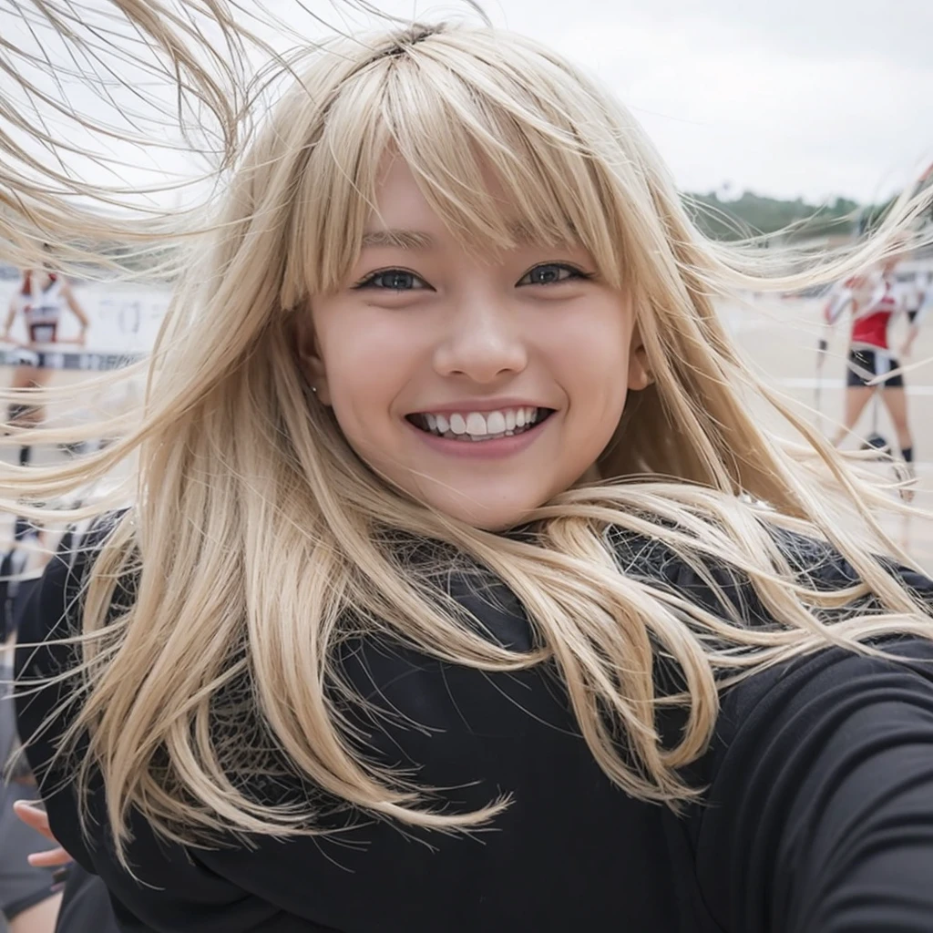 Blonde teenage girl with high bangs distracted in volleyball smiling looking at opponents 