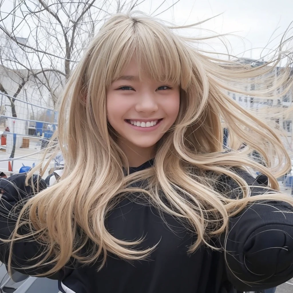 Blonde teenage girl with high bangs distracted in volleyball smiling looking at opponents