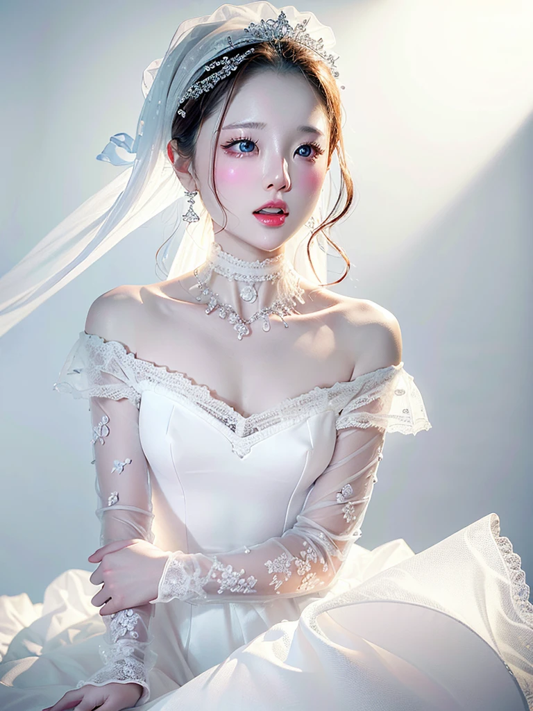 White Background、Professional Lighting、(((Professional Lighting 1.5)))、Translucent skin texture、Clear Skin、Beautiful Skin、、Off the shoulder、White Dress、See-through、Ecstasy of Musical Notes、Sex appeal 1.3