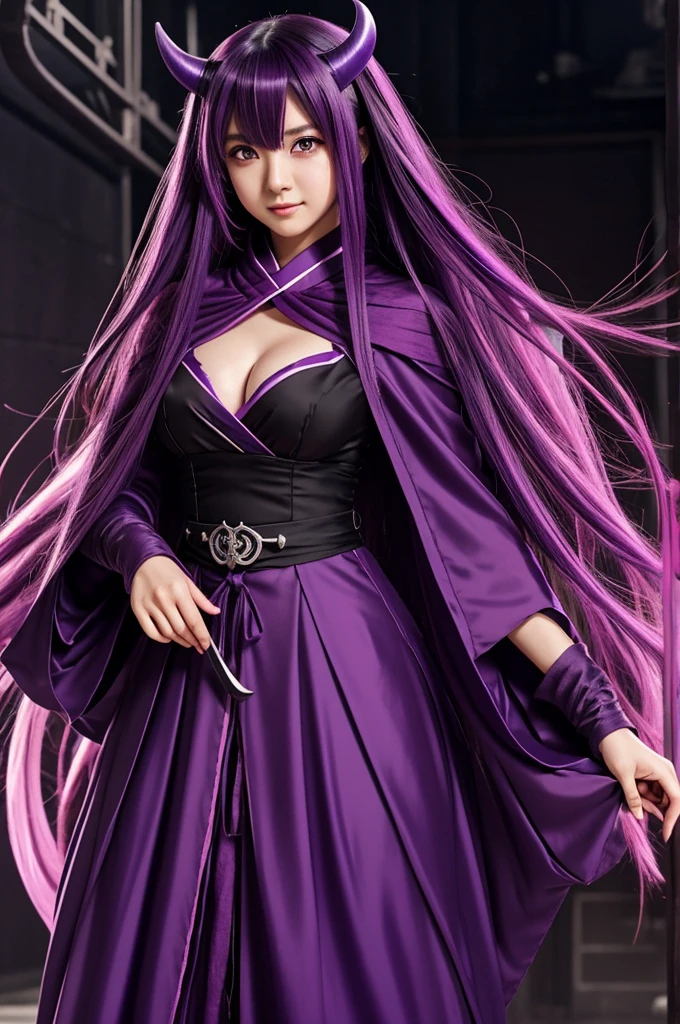 anime girl - hair:Purple,Long hair, shawl, eyes:Purple,Pink Character - Oni Style - Demon Slayer Dress - Japanese Dress Face - Sharp Teeth,Beautiful and seductive girl