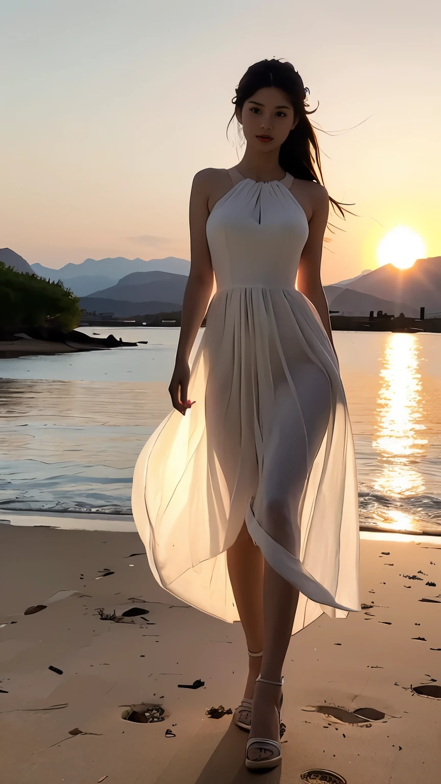((Highest quality，High detail，masterpiece:1.2)),（Summer Mountains，sunset），（Backlight, The outline of the body is visible：1.3）, One 20-year-old girl, Full Body Shot：1.3，White dress dress,Distinct facial features：1.5，Standing Solo, Graceful posture，Delicate face, White skin woman，