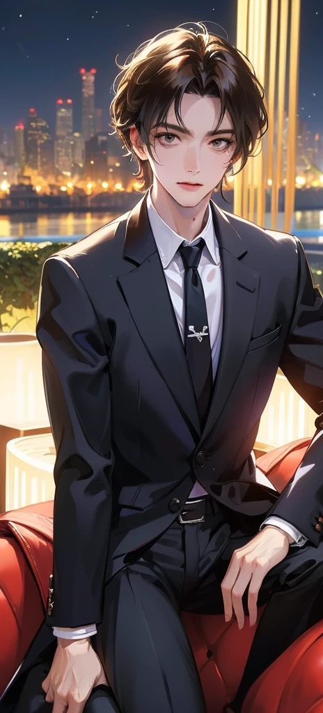 (absurd, high resolution, Extremely detailed, Practical, ), 1 male, Solitary, aldult, Mature, Tall muscular man, ,Sitting on the sofa,Cross-legged, Broad shoulders, Handsome, Very short hair, Black Hair, Brown eyes, Angle jaw, Thick neck, Thick eyebrows, night, dark, the night view of the city background, Formal suit, tie, Upper Body