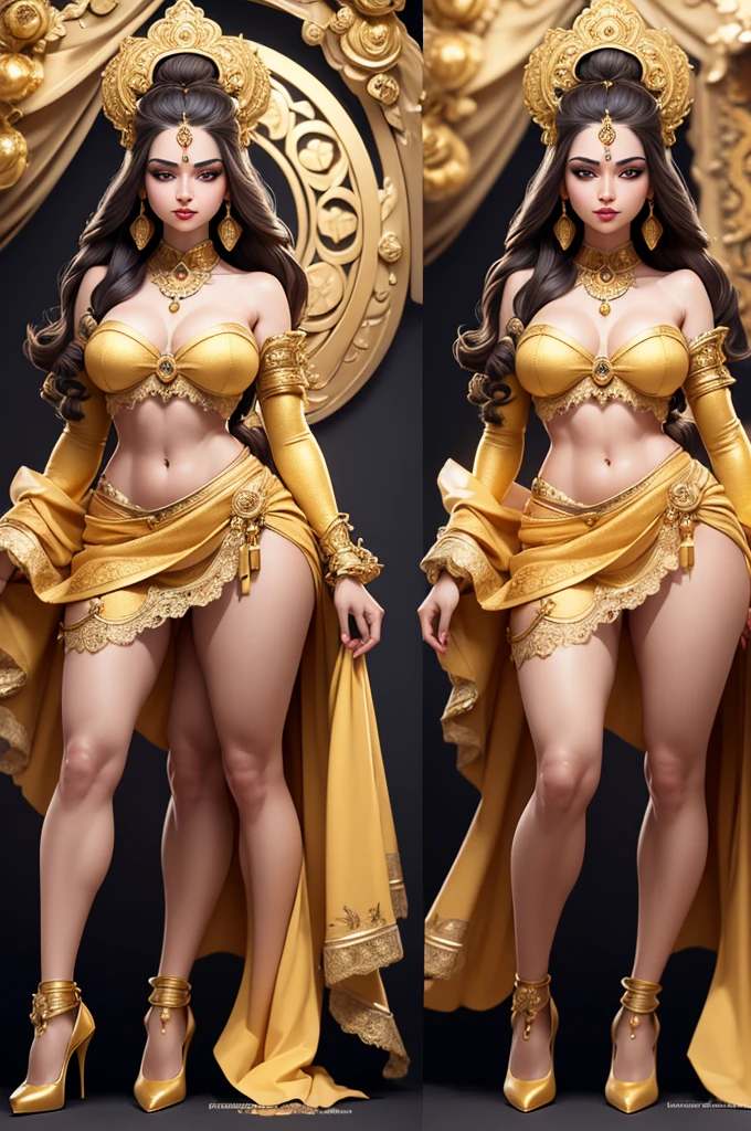 ((Masterpiece, Highest quality)), Detailed face, CharacterDesignSheet,full bodyesbian, Full of details, Multiple poses and expressions, Highly detailed, Depth, Many parts,beuaty girl,cinmatic lighting,with light glowing,yellow and gold,royal decoration,light yarn,Lace,lacepantyhose,high-heels , Krishna as female