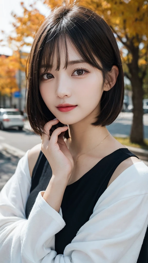 randome pose, mix4, (8K, Raw photography, top-quality, masterpiece: 1.45), (realisitic, Photorealsitic: 1.37), one girls, cute little, A smile、Cityscape, natta, profetional lighting, plain,a park,photon maping, Radio City, physically-based renderingt, Gradient black hair, white hair, Straight short bob cut,gals,a handsome, girl with, large full breasts,long-sleeve,cloak,Autumn clothes,Autumn outfit,top quality photo, hight resolution, 1080P, (clearface), (Detailed face description), (Detailed hand description), (masterpiece), lifelike, extreme light and shadows, dishevled hair, masterpiece, lush detail, (Fine facial features), (Highest Quality Photos), (masterpiece), (finely eye), dual、Look in front of you, Fine clavicle,Emphasis on the armpits、Show lower milk,