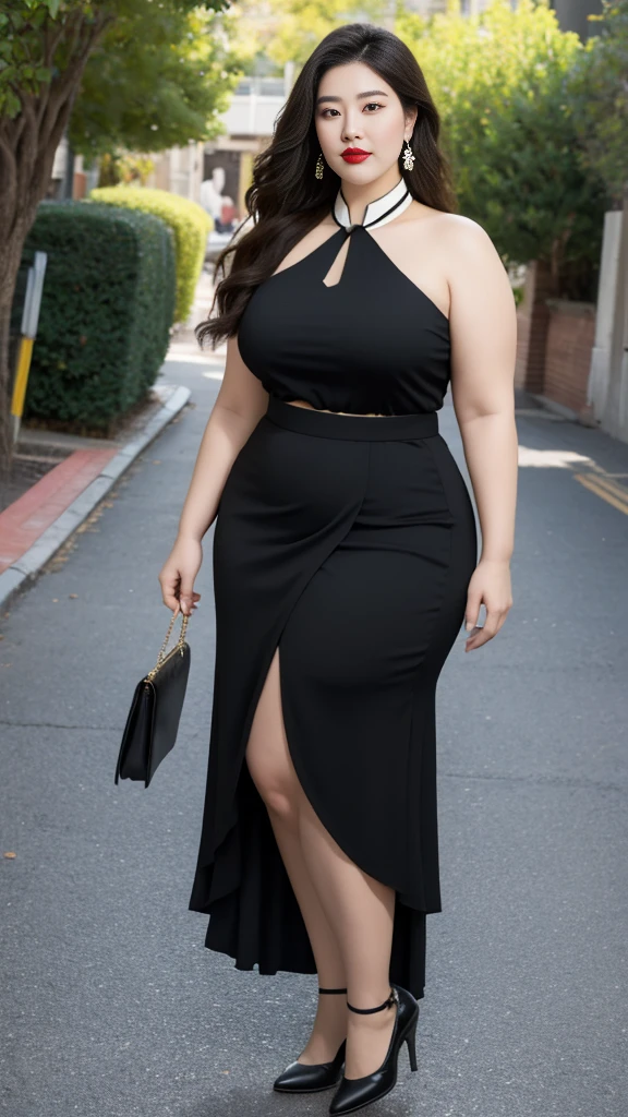 on the street，Fat woman，Very fat，Very fat，Light red clothes (No cleavage),thigh, cosmetic, Outdoor sports, earrings, necklace, High-necked cheongsam, High target Neck Knit Bodycon Skirt，full-body shot，An Asian Japanese woman，18 years old，big eyes，elegant temperament elegant temperament，(masterpiece:1.2, best quality), Practical, (The real situation,20 years old， Intricate details, Depth of Field，High target neck clothes), careful, The content is very detailed, This is a perfect face, Perfect body, Large Model, Mature woman, High target，Black mesh garter stockings，8K,best quality, masterpiece, Ultra-high resolution,(lifelike:1.4), original photo, Stay focused, detailed, dramatic, Exquisite beautiful woman, (tall and straight:1.1),(Fat goddess desetallic high collar,High target collar fitted skirt),half butterfly earrings, double ring necklace, (:1.05), (65 years old, : 1.4),Long curly hair, Dynamic Angle, (Red lips)Beautiful graphics, Pleated Skirt and Fishnet Stockings，High target heel