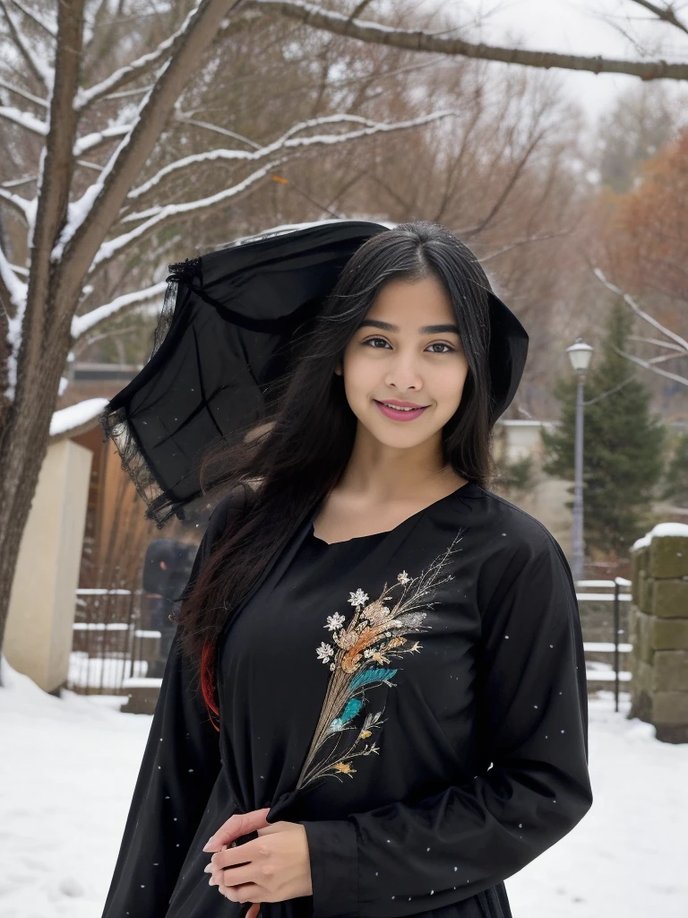 A young, attractive 18-year-old Instagram model is gracefully in a picturesque winter setting. She has long, flowing black hair with vibrant, colorful streaks that catch the light and add a playful touch to her look. She's wearing a beautifully embroidered salwar kameez in rich, warm colors that stand out against the snowy background. Her movements are fluid and joyful, capturing the essence of youthful energy and joy. The scene is set in a charming rain with umbrella landscape with s falling snowflakes, adding a magical atmosphere to the image.