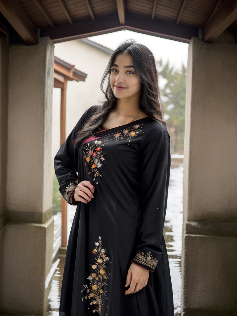 A young, attractive 18-year-old Instagram model is  gracefully in a picturesque winter setting. She has long, flowing black hair with vibrant, colorful streaks that catch the light and add a playful touch to her look. She's wearing a beautifully embroidered salwar kameez in rich, warm colors that stand out against the snowy background. Her movements are fluid and joyful, capturing the essence of youthful energy and joy. The scene is set in a charming rain with umbrella landscape with s falling snowflakes, adding a magical atmosphere to the image.