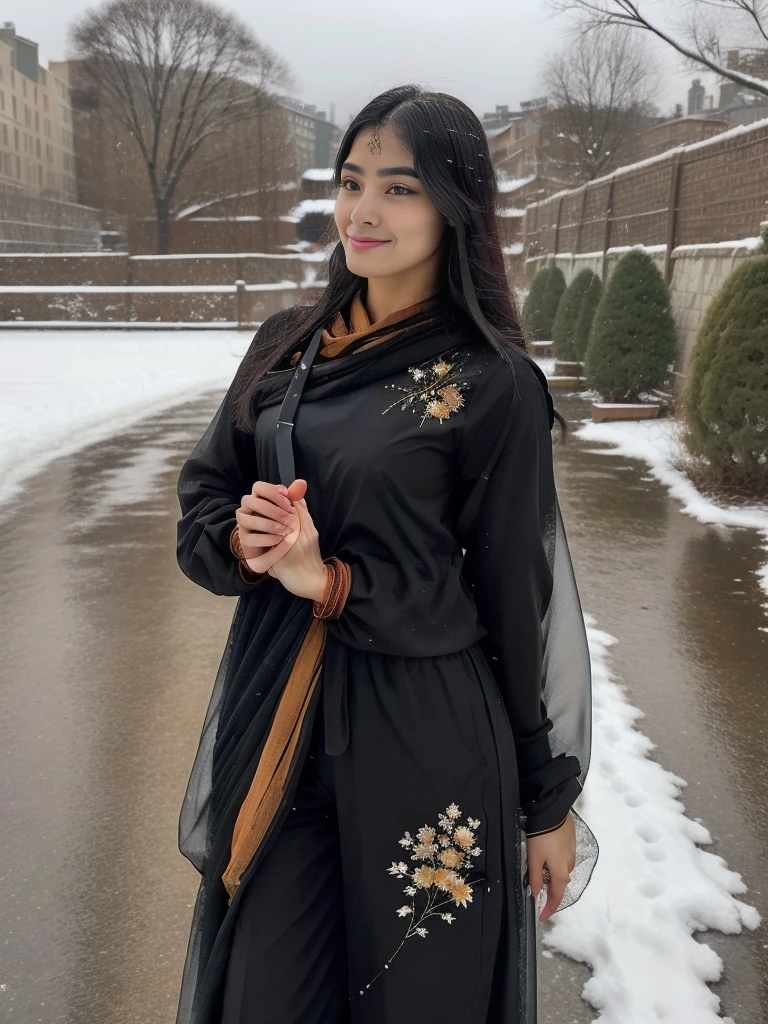 A young, attractive 18-year-old Instagram model is gracefully in a picturesque winter setting. She has long, flowing black hair with vibrant, colorful streaks that catch the light and add a playful touch to her look. She's wearing a beautifully embroidered salwar kameez in rich, warm colors that stand out against the snowy background. Her movements are fluid and joyful, capturing the essence of youthful energy and joy. The scene is set in a charming rain with umbrella landscape with s falling snowflakes, adding a magical atmosphere to the image.