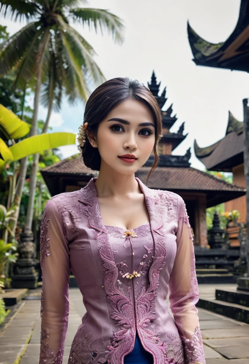 Illustrate a beautiful girl close up dressed in kebaya, set against the backdrop of a Balinese temple. Ensure that the image is photorealistic and of top-quality 8K HDR, capturing every intricate detail of the scene.,kebaya,kebaya indonesia,p3rfect ,cleavage