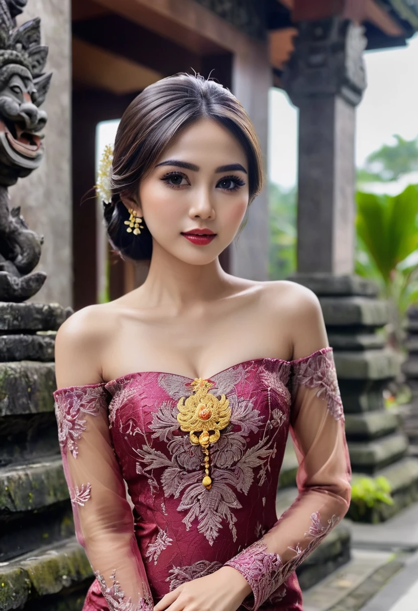 Illustrate a beautiful girl close up dressed in kebaya, set against the backdrop of a Balinese temple. Ensure that the image is photorealistic and of top-quality 8K HDR, capturing every intricate detail of the scene.,kebaya,kebaya indonesia,p3rfect ,cleavage
