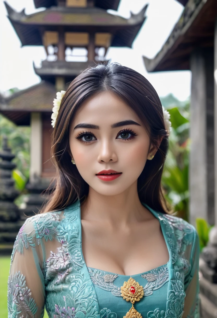 Illustrate a beautiful girl close up dressed in kebaya, set against the backdrop of a Balinese temple. Ensure that the image is photorealistic and of top-quality 8K HDR, capturing every intricate detail of the scene.,kebaya,kebaya indonesia,p3rfect ,