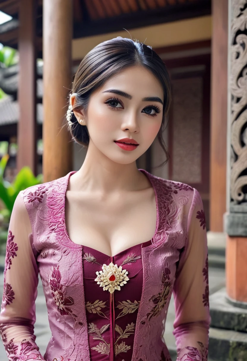 Illustrate a beautiful girl close up dressed in kebaya, set against the backdrop of a Balinese temple. Ensure that the image is photorealistic and of top-quality 8K HDR, capturing every intricate detail of the scene.,kebaya,kebaya indonesia,p3rfect ,cleavage
