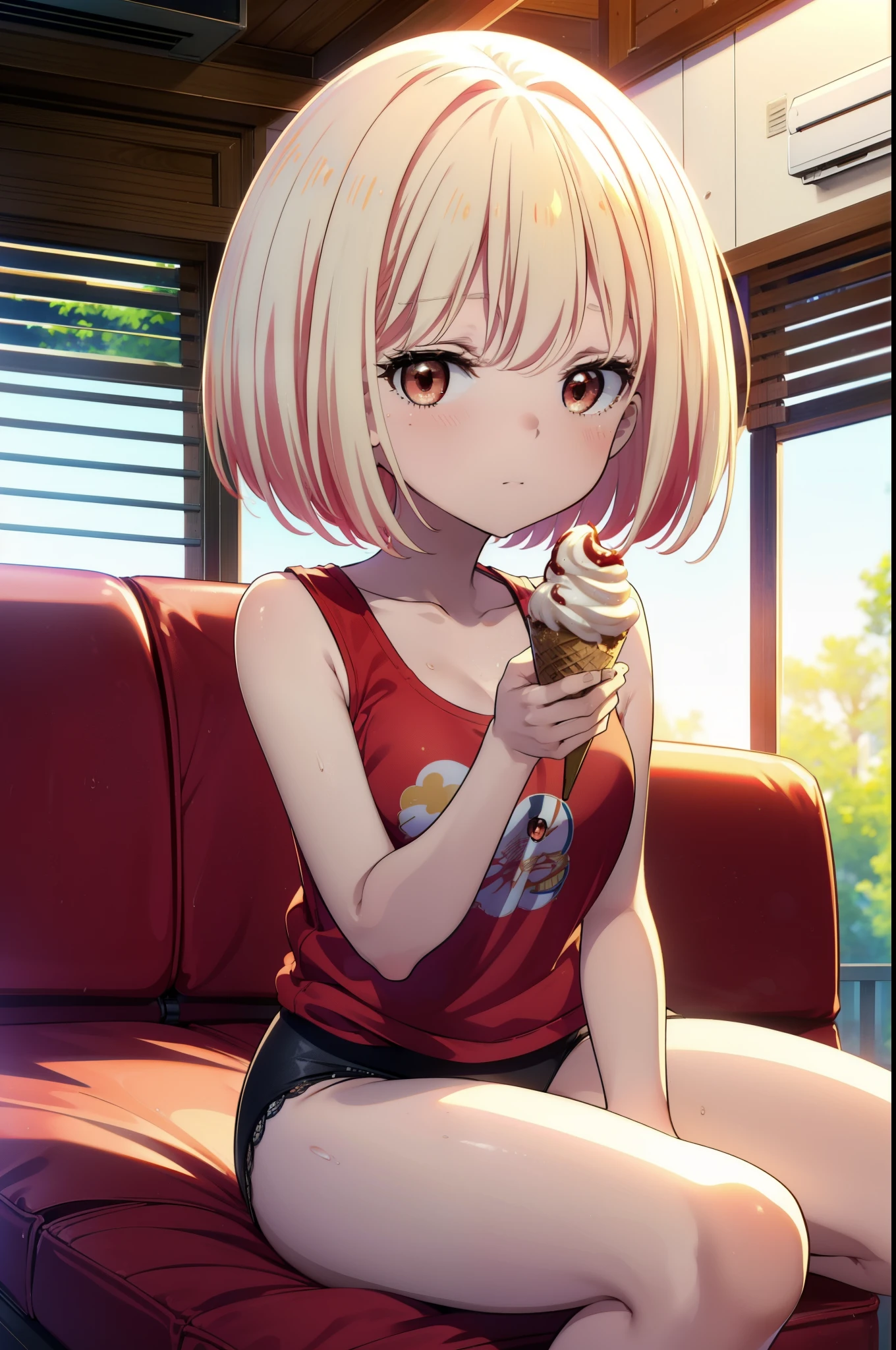 Chisato Nishikigi, short hair, bangs, Blonde, (Red eyes:1.5), Bobcut,Sweat,Red Tank Top,Red string underwear,barefoot,Sitting on the sofa,Eating ice cream with one hand,Daytime,True Summer,whole bodyがイラストに入るように,
break outdoors,room,
break looking at viewer, whole body,
break (masterpiece:1.2), Highest quality, High resolution, unity 8k wallpaper, (figure:0.8), (Beautiful attention to detail:1.6), Highly detailed face, Perfect lighting, Highly detailed CG, (Perfect hands, Perfect Anatomy),
