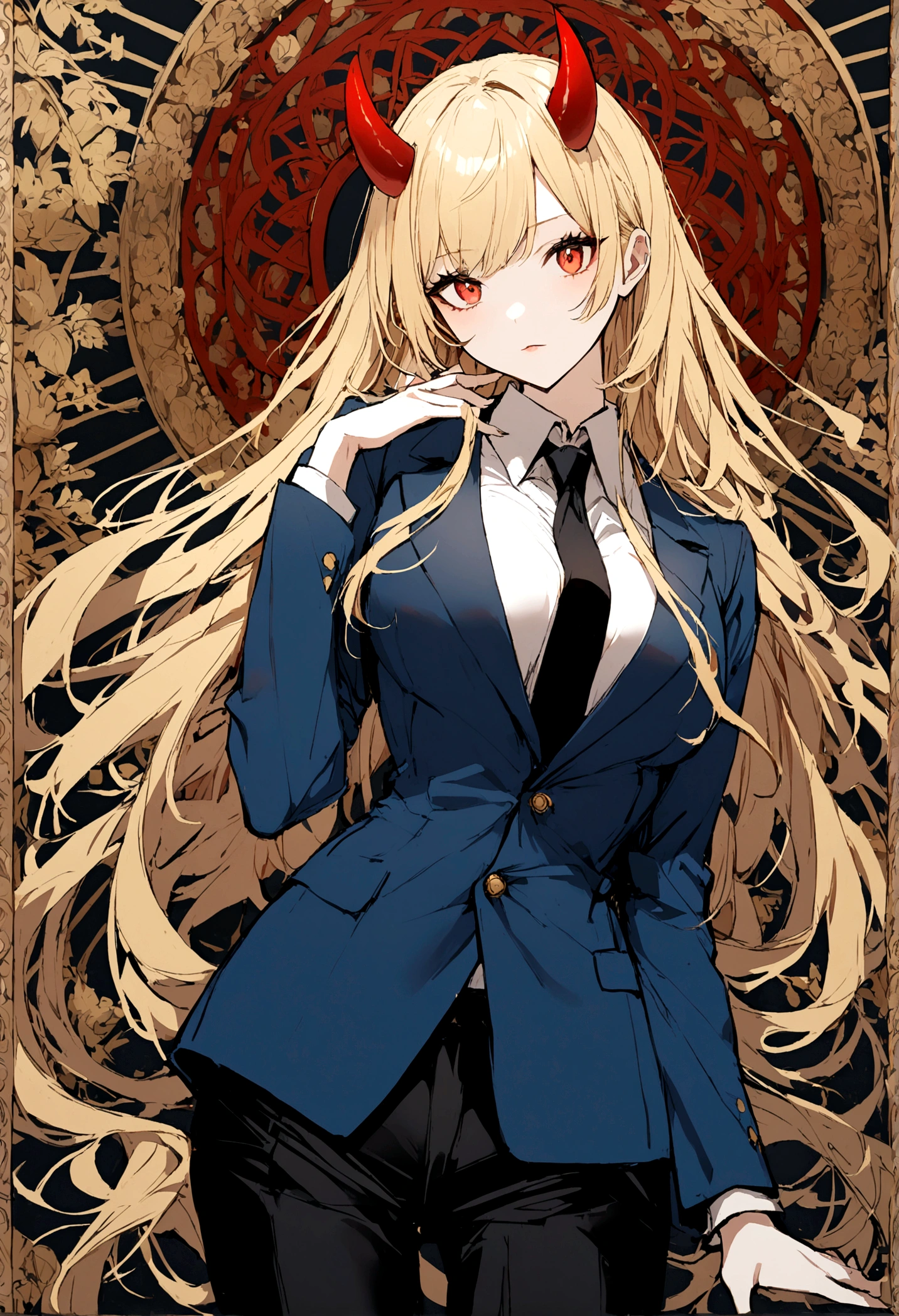 1girl, blond hair, blue jacket, white shirt. black neck tie, black pants, red horns