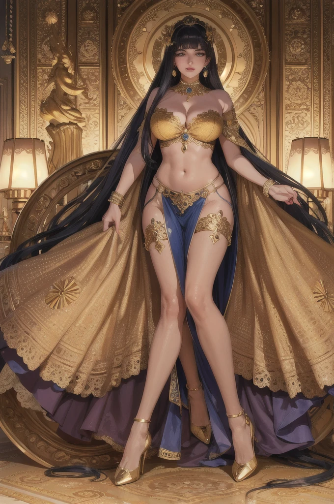 ((Masterpiece, Highest quality)), Detailed face, CharacterDesignSheet，full bodyesbian, Full of details, Multiple poses and expressions, Highly detailed, Depth, Many parts，beuaty girl，cinmatic lighting，with light glowing，yellow and gold，royal decoration，light yarn，Lace，lacepantyhose，high-heels , Krishna as female