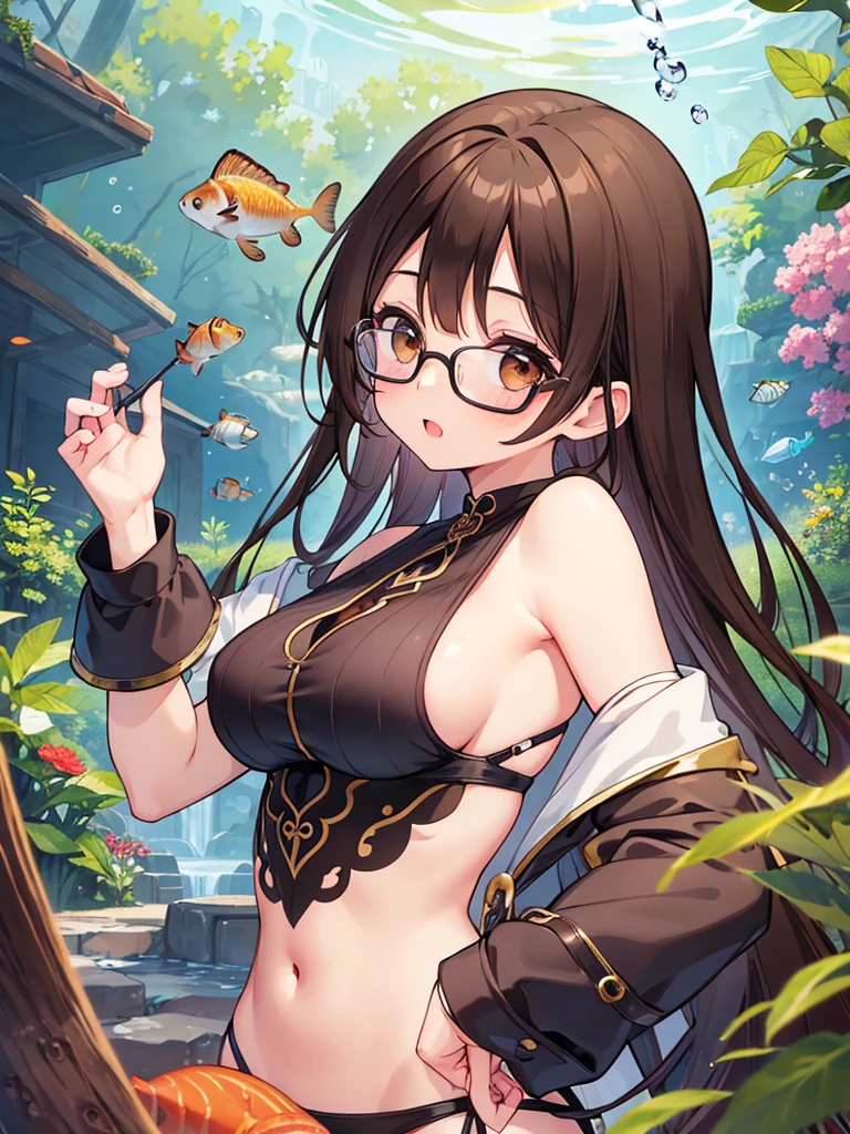 1 Female、Brown hair、Brown Eyes、Best Quality、Super detailed、8 Resolution、Raw photo、Mastepiece、Perfect Body、high resolution、Highest quality、Detailed drawing、Vibrant colors、lure、Long Hair、Black-rimmed glasses、Captivating breasts、Aquarium Date、one piece