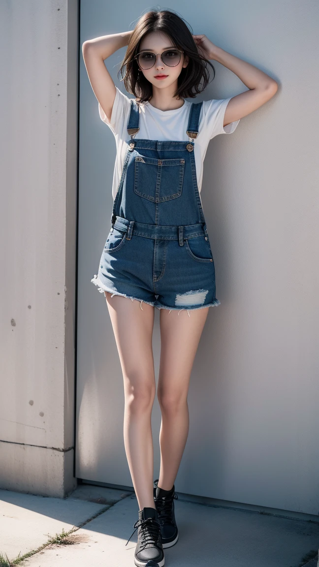 1girl, high quality face, arm up, black hair, denim, full body, overalls, photo \(medium\), shadow, shoes, short hair, shorts, solo, standing, sunglasses, wall, 8k , masterpiece, high quality