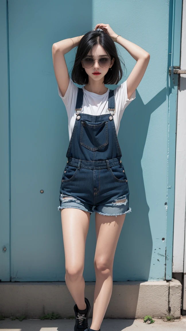 1girl, high quality face, arm up, black hair, denim, full body, overalls, photo \(medium\), shadow, shoes, short hair, shorts, solo, standing, sunglasses, wall, 8k , masterpiece, high quality