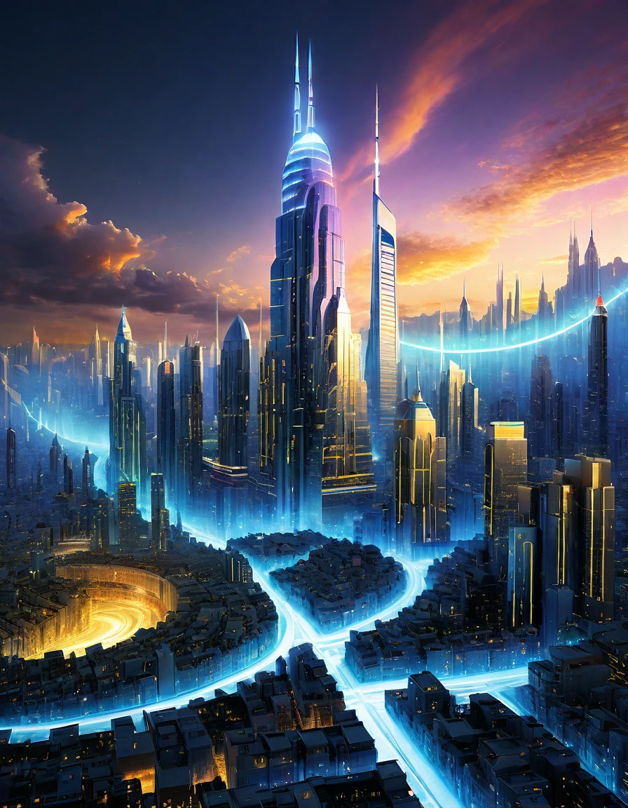 Generate a hyperrealistic 8K cityscape where buildings appear to be made of flowing energy, with vibrant light patterns and ethereal structures. ultra realistic, vibrants colors, 16k