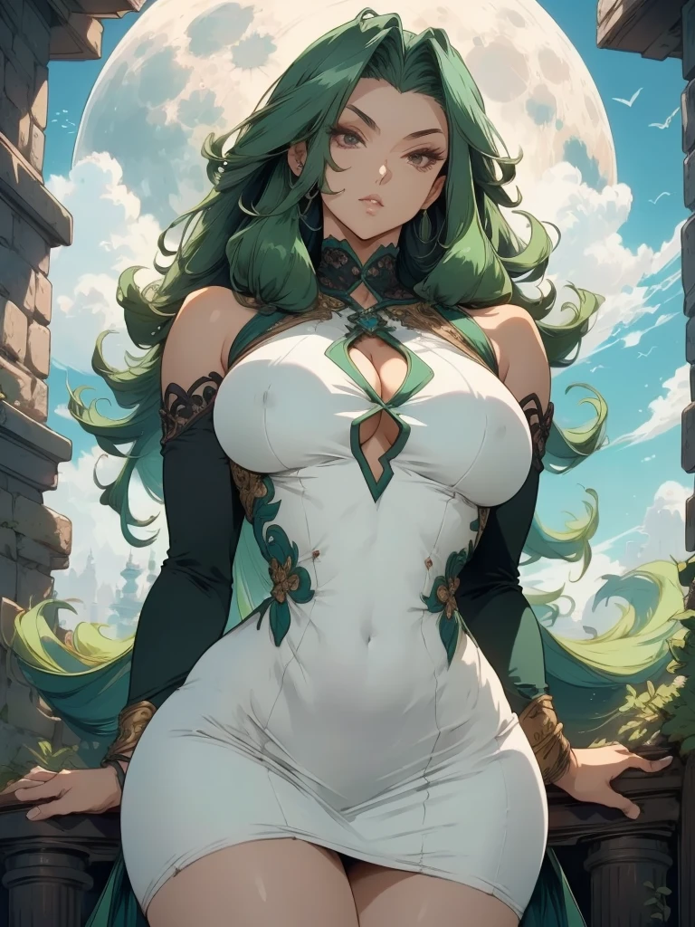 Beautiful anime goddess with long green hair, wearing a short dress, , anime key look, moon, large breastscate, hips, highly detailed, wide hips, breathtaking beauty, vibrant and sharp focus, illustration