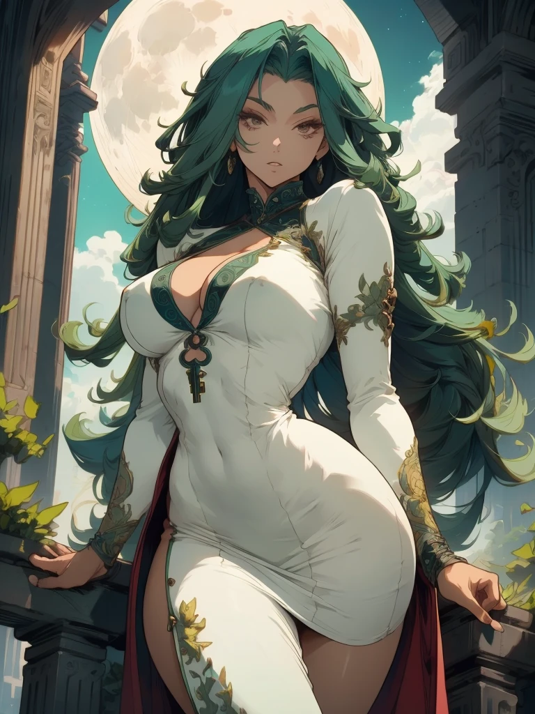 Beautiful anime goddess with long green hair, wearing a short dress, breasts, anime key look, moon, large breasts, intricate, hips, highly detailed, wide hips, breathtaking beauty, vibrant and sharp focus, illustration