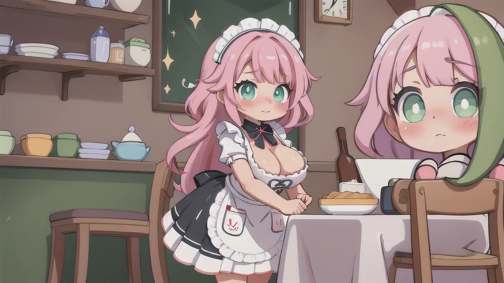 Mommy Masterpiece, maid costume, long pink hair , green detailed sparkling eyes , embarrassed , blushing
(Best quality:1.3),big breasts, naked, apron, cleavage, (pov, close shot), standing, kitchen background, blushing:1.2.