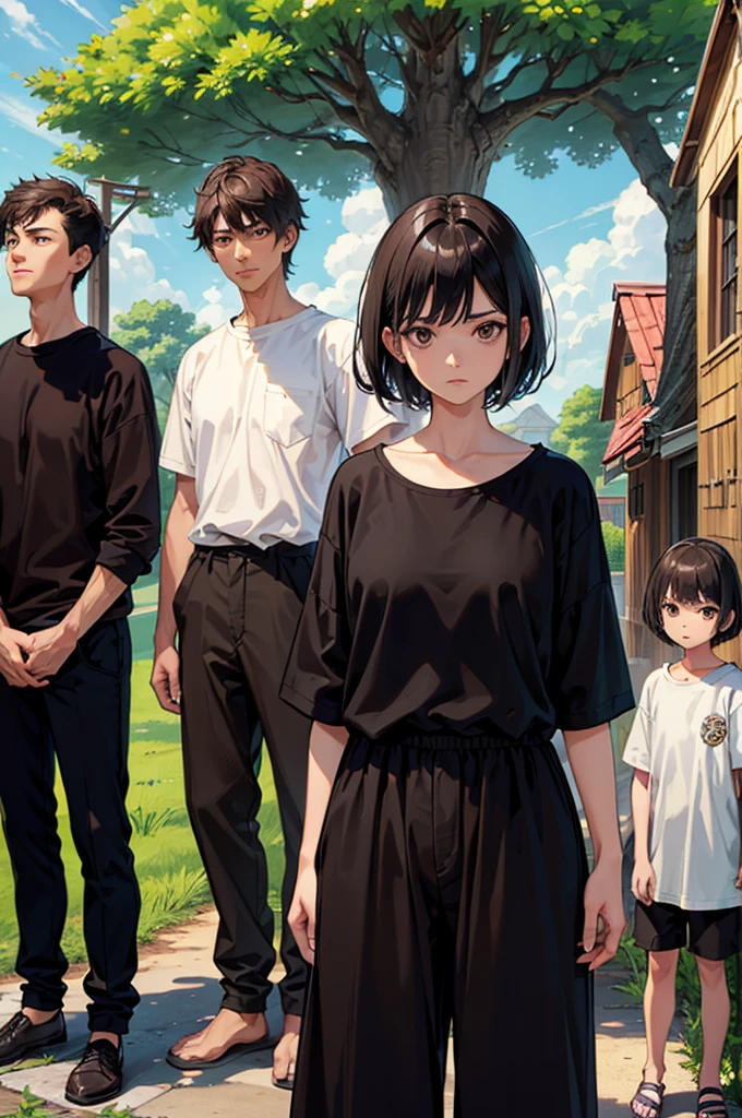 An image of each neighbor, one with a stern face, short black hair, wearing plain farming clothes (a loose shirt and pants), and the other with a worried expression, short brown hair, in similar attire, standing next to the large tree and claiming ownership of its abundant fruit. (masterpiece, hd, best quality, 2d)