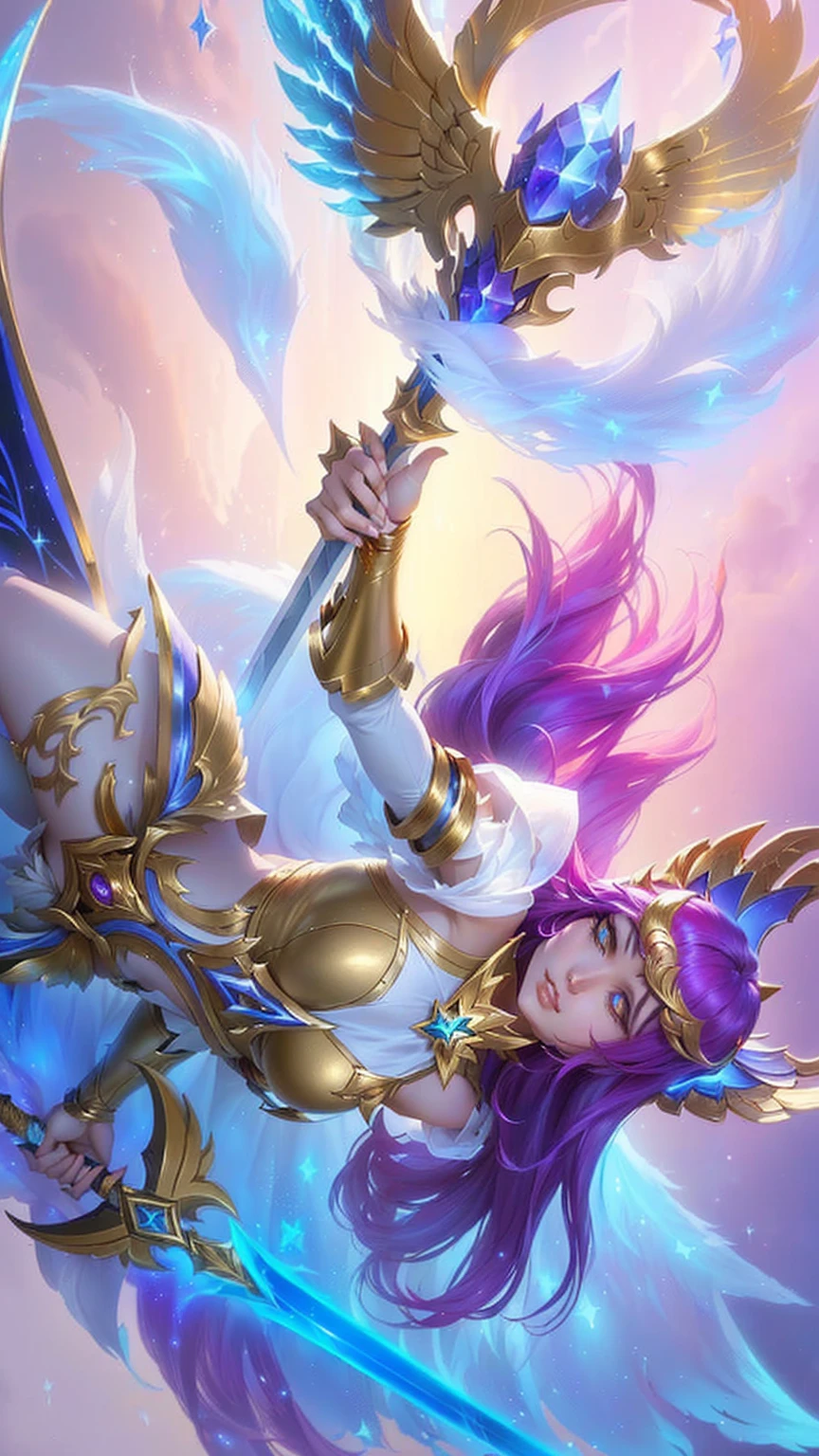 a woman in a gold outfit holding a sword and flying through the air, star guardian inspired, beautiful celestial mage, star guardians, seraphine ahri kda, portrait knights of zodiac girl, knights of zodiac girl, lux from league of legends, goddess checking her phone, official splash art, mystical valkyrie, extremely detailed artgerm, irelia