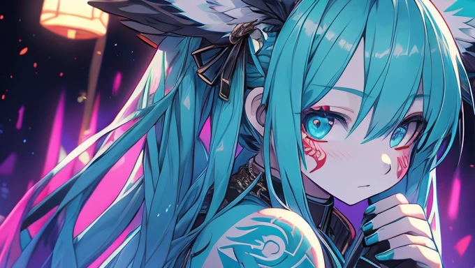 Miku Hatsune, add high definition_detail:1, blue fur,kitsune ears, tribal tattoo add_detail:1