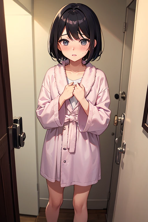 Highest quality、Black Hair、Iris、short hair、girl、cute、16 years old、、1 person、Bathrobe only、Embarrassed look、Blushing、Clothes are disheveled、afterwards