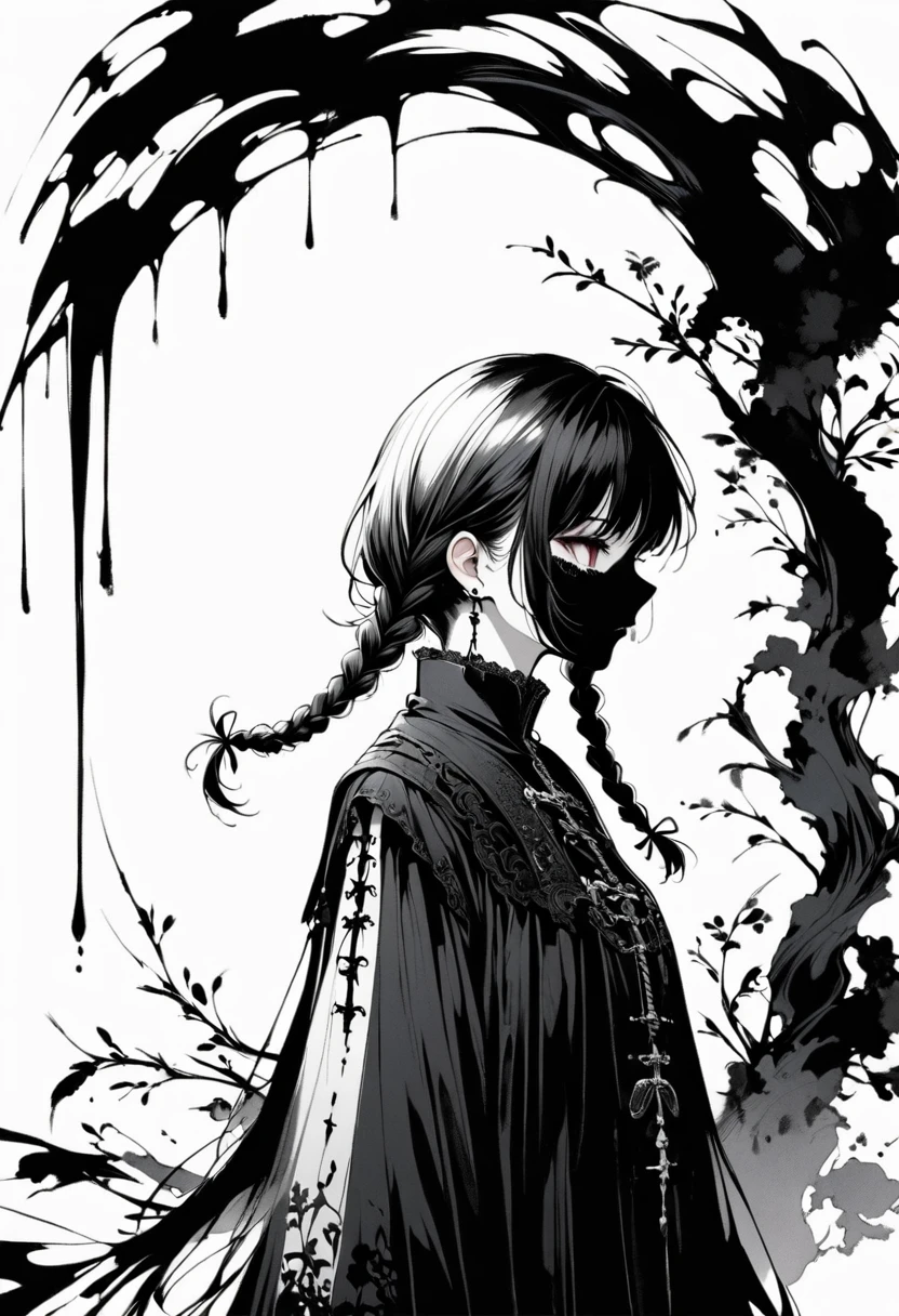 A detailed gothic girl,There are two braids, Minimalist black and white line art, Negative Space, Ink Painting