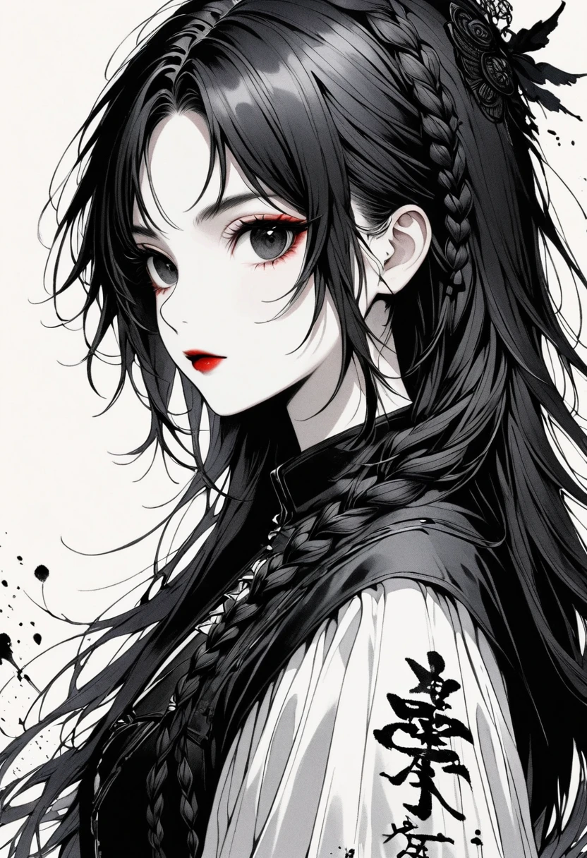 A detailed gothic girl,There are two braids, Minimalist black and white line art, Negative Space, Ink Painting