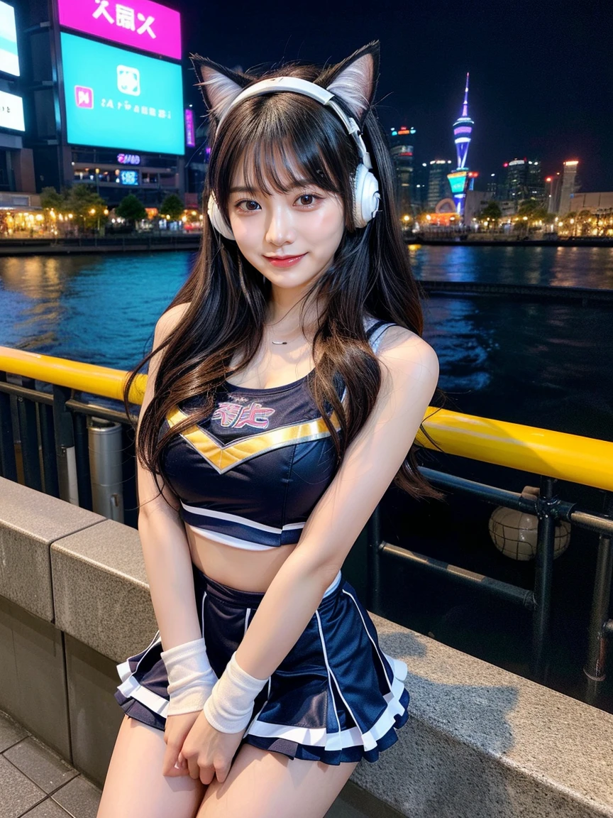 Full body photo、whole、最high quality, masterpiece, 32k、Very detailed、Realistic、1 Girl, Japanese women、Cute face, (photo Actual:1.3), Edge lighting, (Skin with attention to detail:1.2), 8K超High resolution, Single-lens reflex camera, high quality, High resolution, 4K, 8K, Optimal ratio of four fingers to one thumb, (Actual:1., smile、自然なsmile、Baseball Cheerleader Costumes(black、Light blue line design、Japanese professional baseball cheerleaders)、Cat ear headphones(ピンク色のネオンCat ear headphones)、cute 1 Girl, Realistic、Super Realistic、32k、Very detailed、masterpiece, 最high quality, beautiful girl, beauty、 Mecha, Beautiful lighting, Sitting,Cyber Neon、Future City、Skyscraper、City Night、Shanghai、Metropolis、Night view、綺麗なNight view